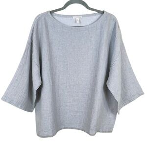 Eileen Fisher Organic Linen Cotton Boxy Top Raw Hem 3/4 Sleeve Lagenlook Gray
